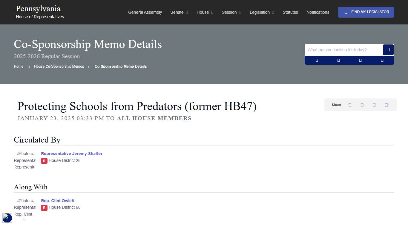 House Co-Sponsorship Memo 45276 Information; 2025-2026 Regular Session - PA House of Representatives
