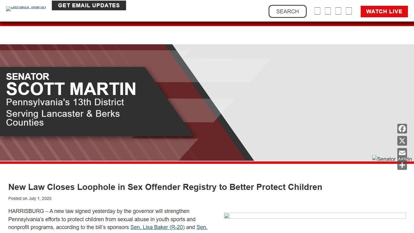 New Law Closes Loophole in Sex Offender Registry to Better Protect Children - Senator Martin